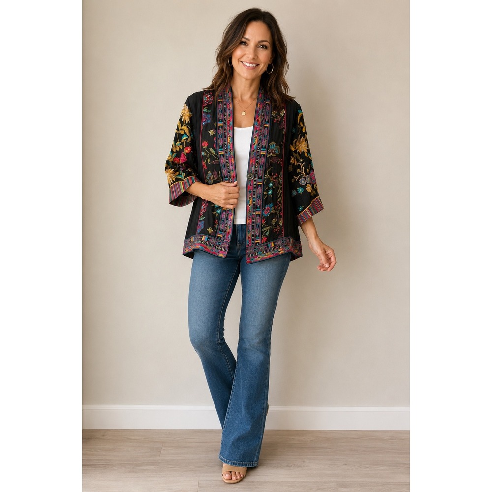 John Mark Petite Black Floral Embroideredโ Geometric Print Kimono Jacket PS